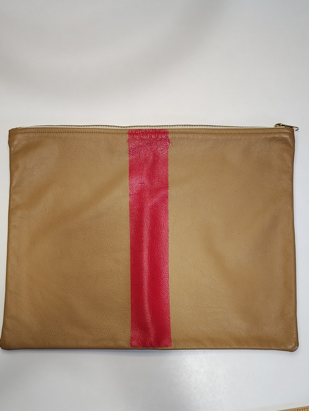 American Apparel Upcycled Tan Leather Clutch/Zip Pouch with Red Stripe